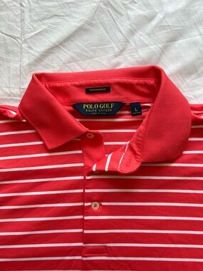 Red/pink + white striped Polo Golf performance polo shirt Men’s L